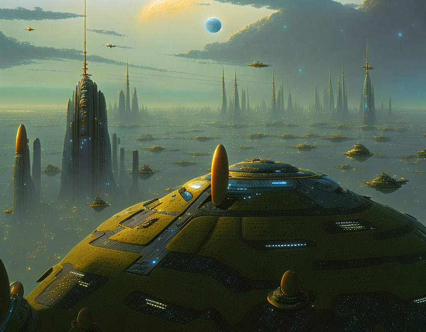 Futuristic cityscape with towering spires and floating vehicles