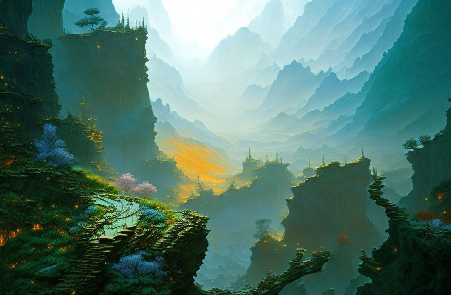 Fantasy landscape with terraced hills, lush foliage, distant mountains, and Asian-style structures.