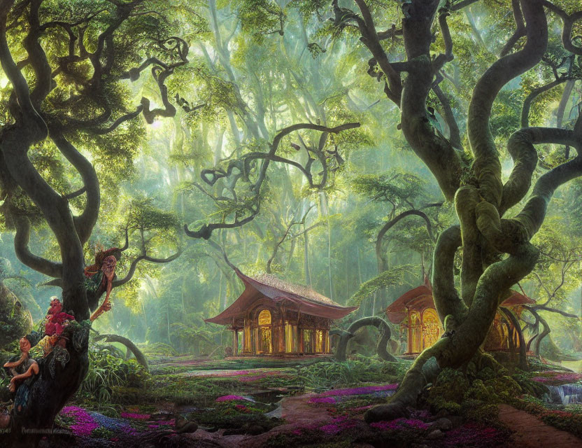 Mystical forest scene with mossy trees, pond, light, and wooden pavilion