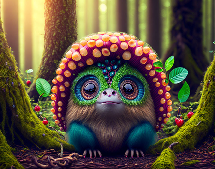 Whimsical creature with big eyes and beaded shell in enchanted forest