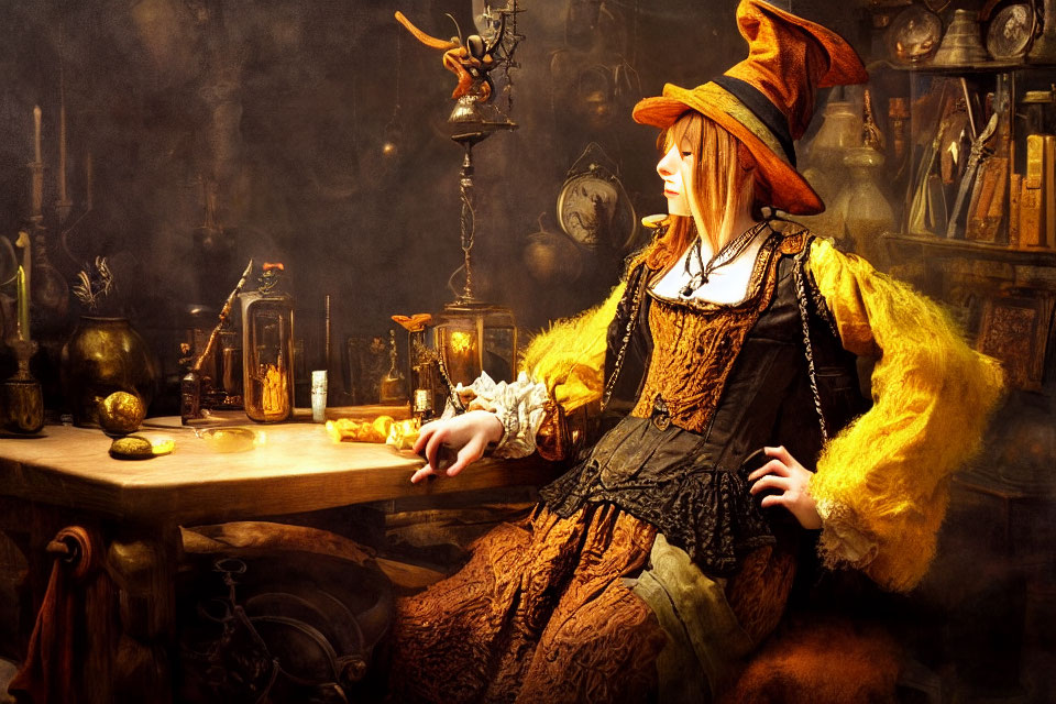 Fantasy wizard in whimsical attire at cluttered desk with candles, books, and potions