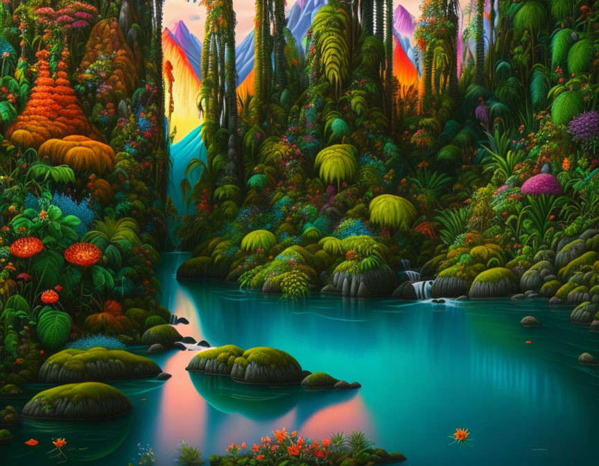 Colorful landscape with lush vegetation, serene river, and rainbow mountains