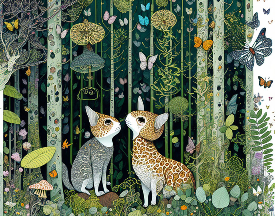 Stylized patterned rabbits in dense forest illustration