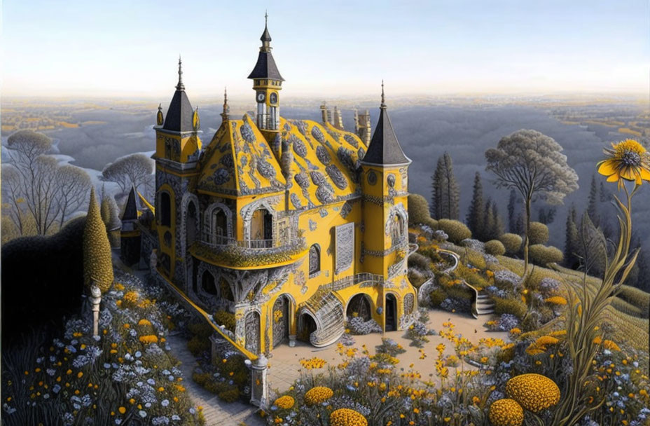 Yellow Castle with Ornate Towers and Lush Gardens