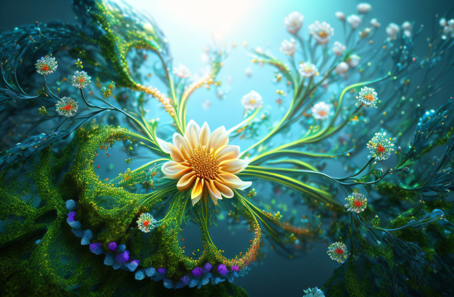 Colorful digital art: Luminous flower with swirling stems on mystical backdrop