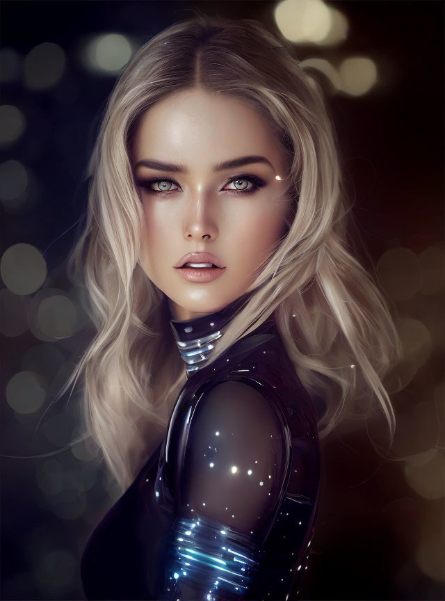 Digital portrait of woman with green eyes, platinum blonde hair, in futuristic black outfit.