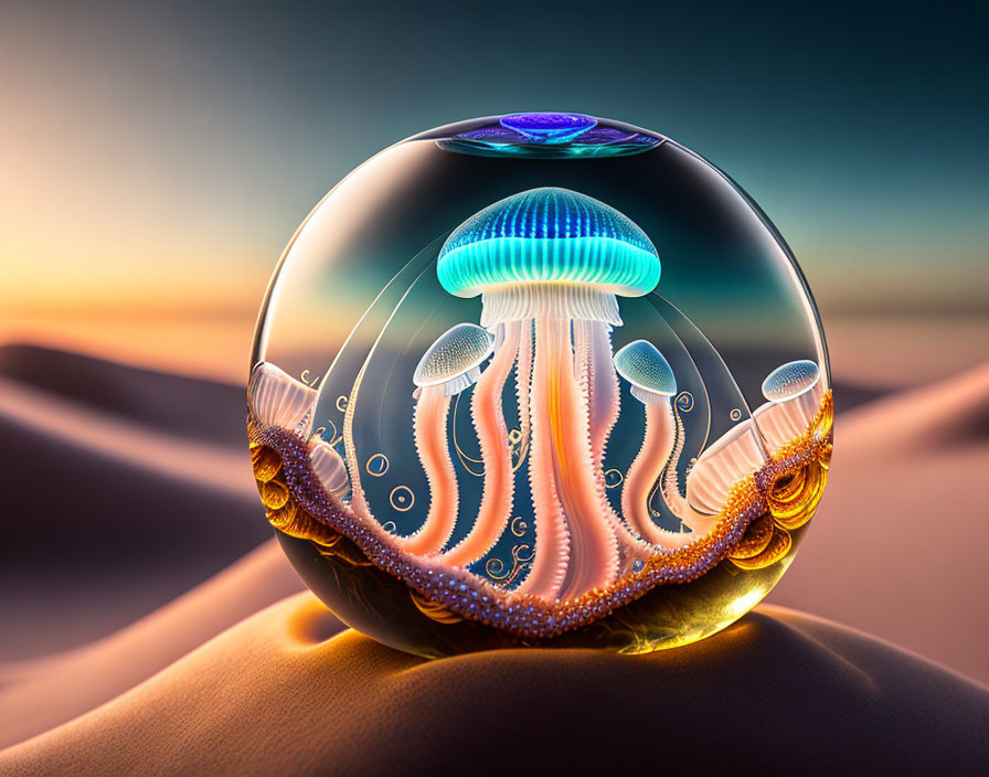 Bioluminescent jellyfish in crystal ball on desert dune at sunset