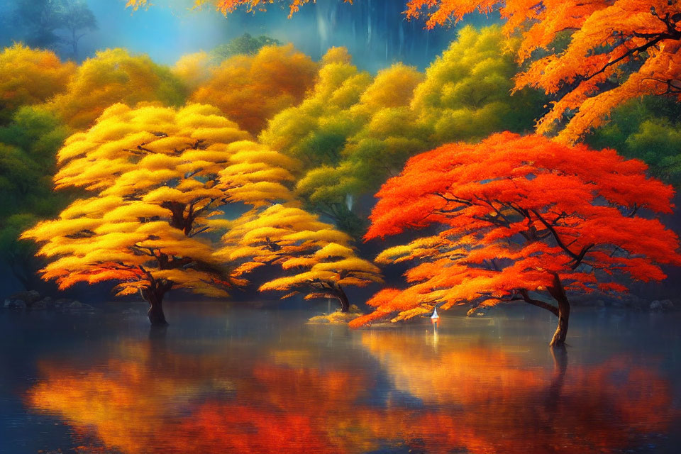 Colorful Autumn Trees Reflecting in Tranquil Water Body