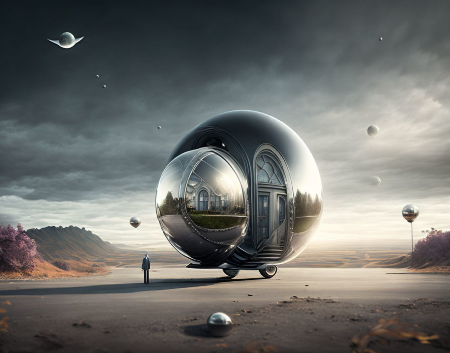 Surreal reflective orb with doors in desolate landscape