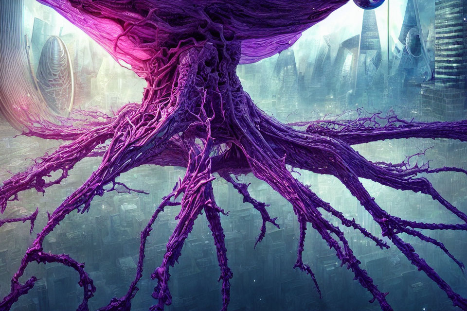 Purple octopus-like creature with tentacles in futuristic alien cityscape