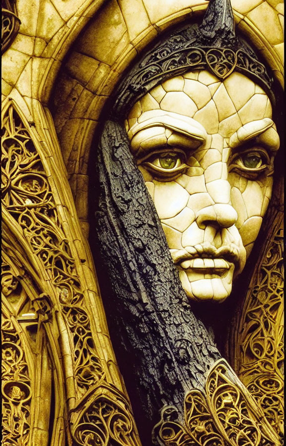 Intricate Woman's Face Sculpture in Gothic Arch with Stone Textures