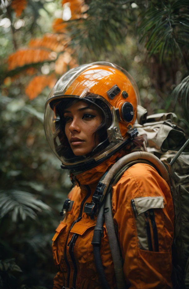 Astronaut in orange suit gazes intensely in lush green setting