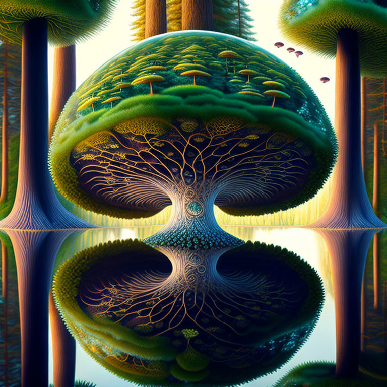 Symmetrical tree-like structure in vibrant digital artwork