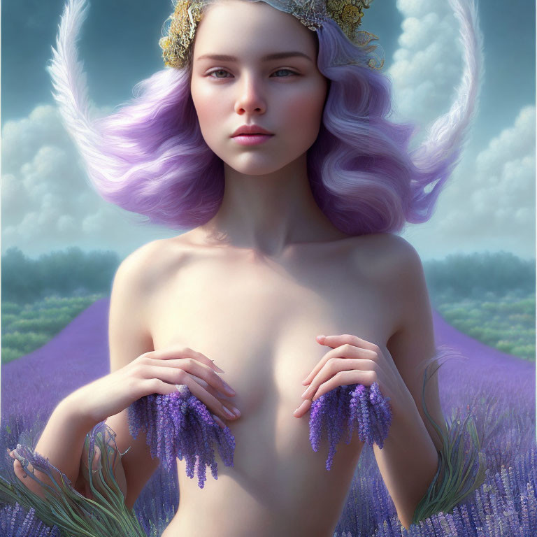 Fantastical woman with purple hair and horns in lavender field