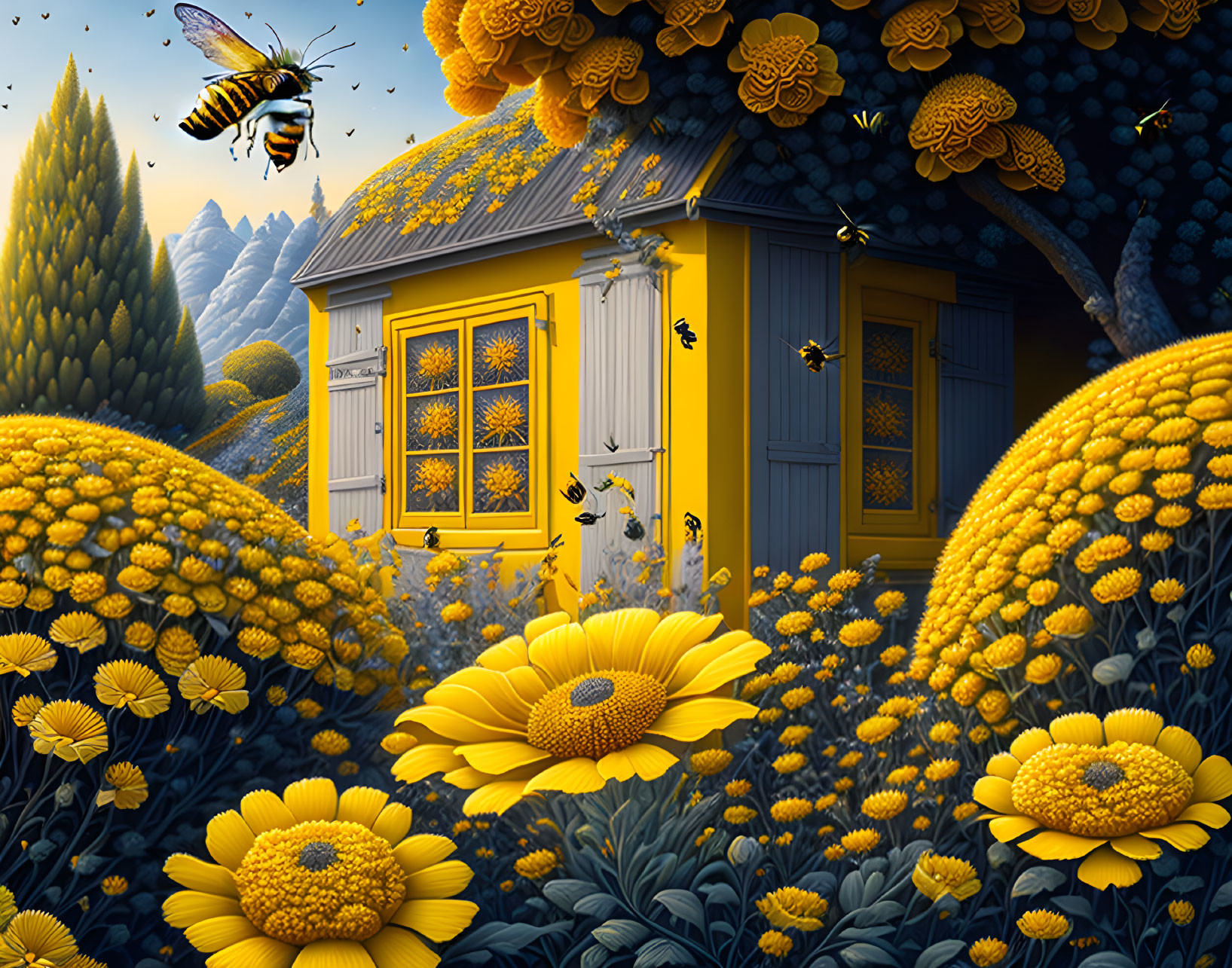 Whimsical yellow house illustration with flowers and bees