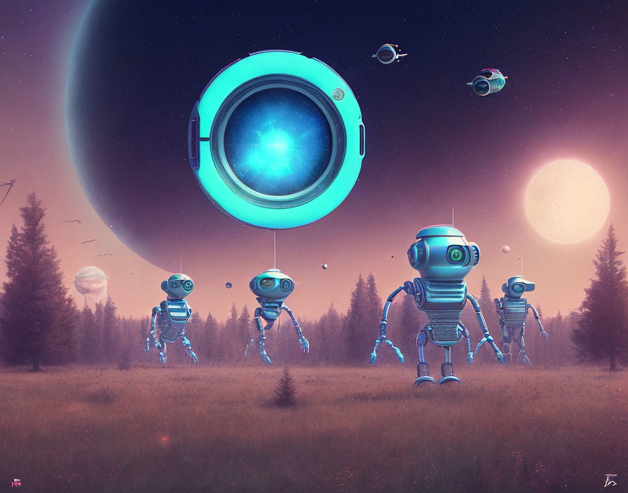 Futuristic robots in twilight meadow with hovering orb and drones.