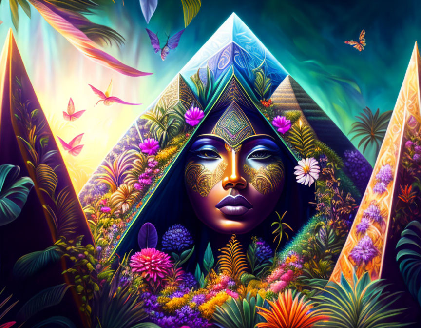 Colorful digital artwork: Woman's face with tribal paint, lush flora, butterflies, mystical pyramids