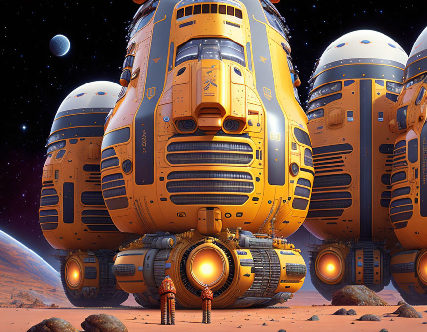 Futuristic yellow-orange spacecrafts on rocky alien terrain