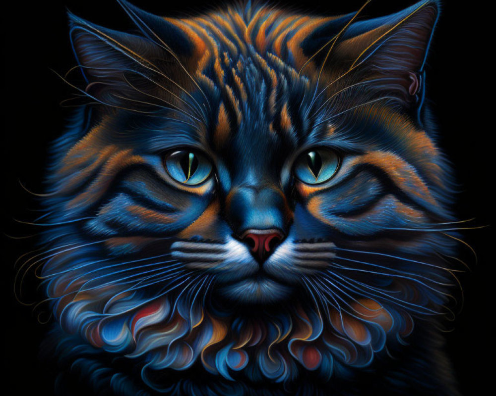 Detailed Cat Illustration with Intricate Fur Patterns and Blue Eyes on Dark Background