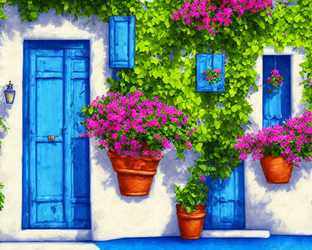 Colorful painting of blue wall with door and windows, pink flowers, greenery, clear sky