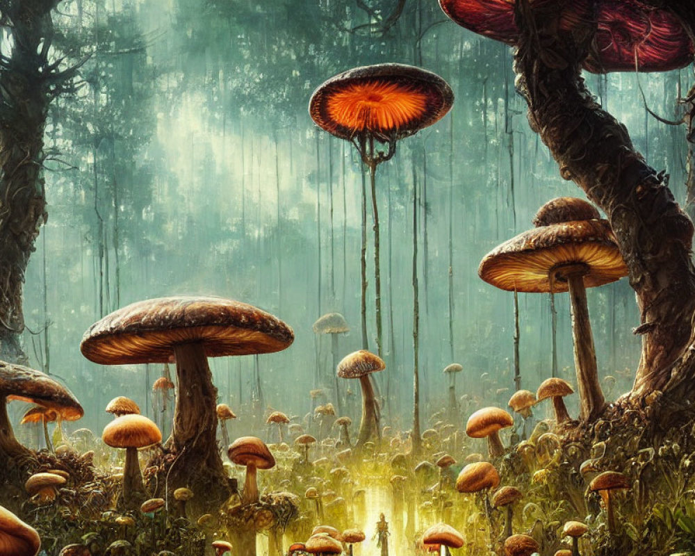 Fantasy mushrooms in misty sunlit forest