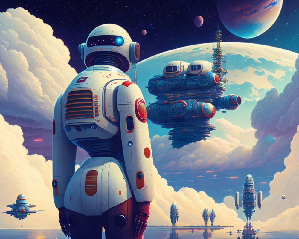 Futuristic robot admires floating cityscape and spaceships