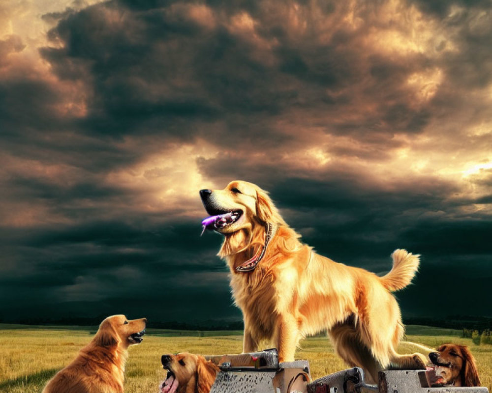 Golden retriever with toy on rustic trailer under dramatic sky