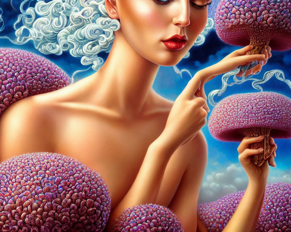 Surreal image of woman with fantastical mushrooms in vibrant purple setting