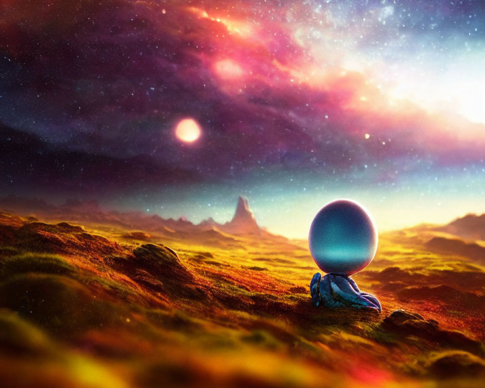 Surreal landscape with person under clear sphere, galaxies, red sun, mossy foreground