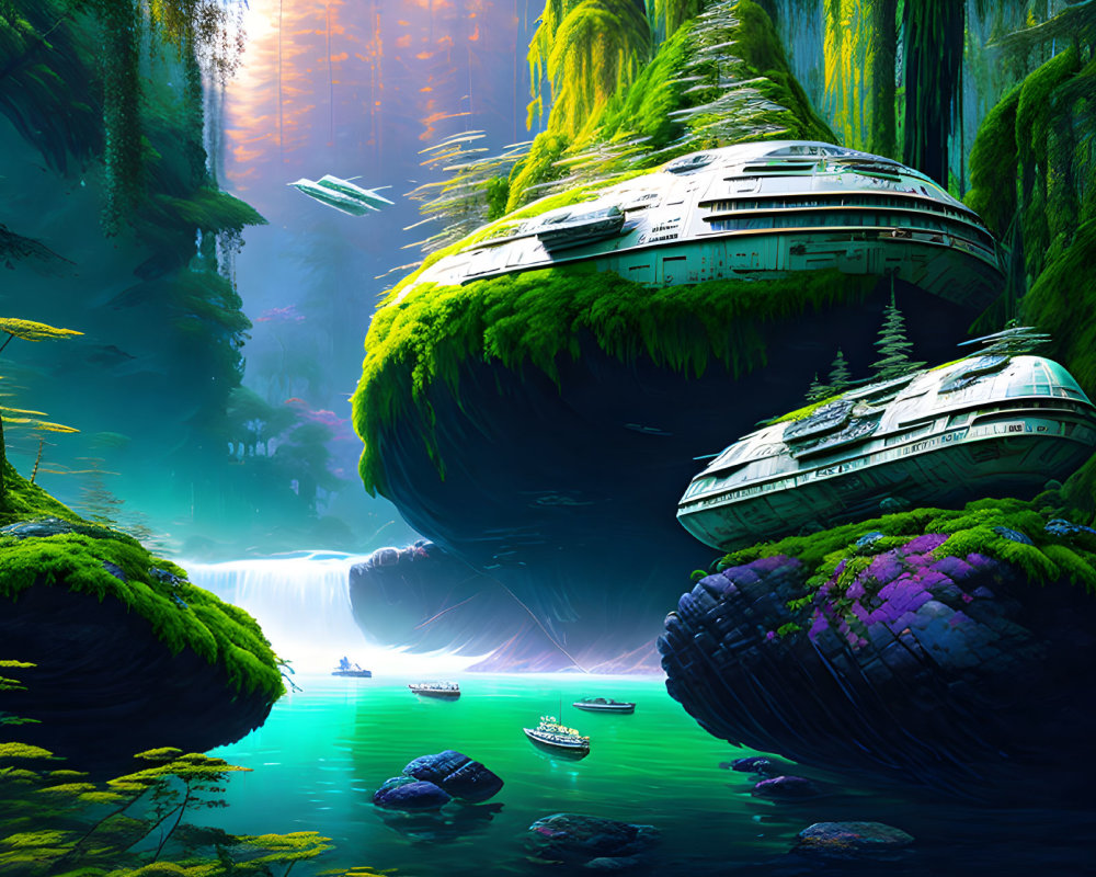 Giant leaf-shaped ships hover over lush alien landscape