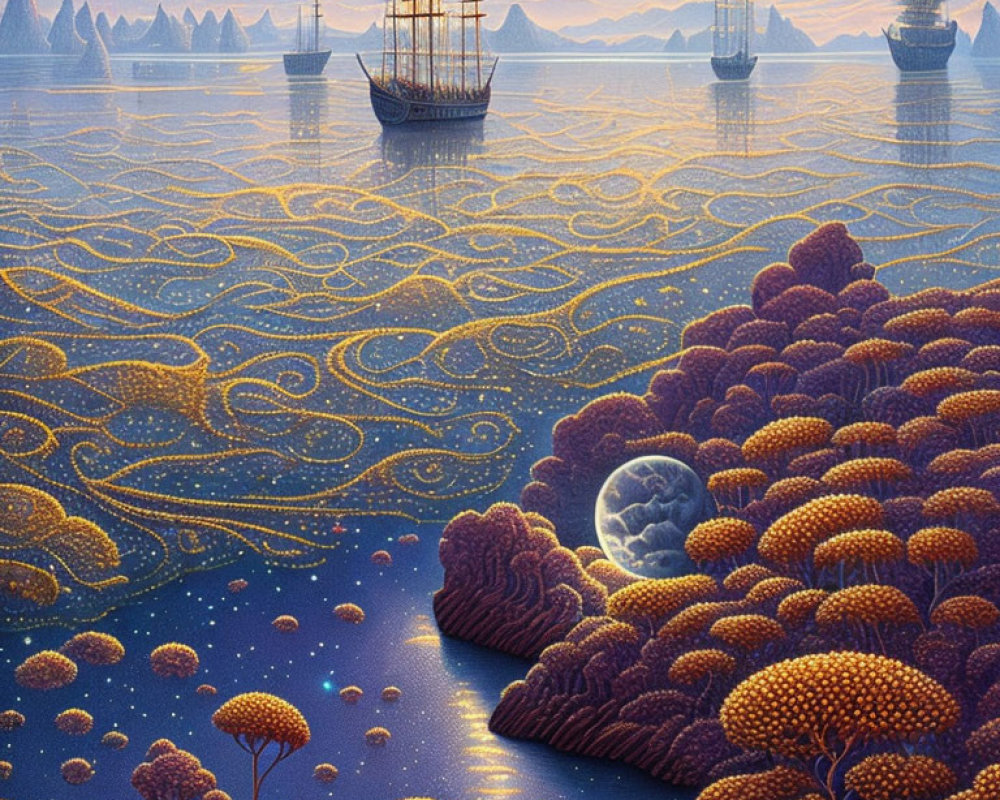 Patterned waves, sailing ships, coral formations, planets, and moon in surreal seascape