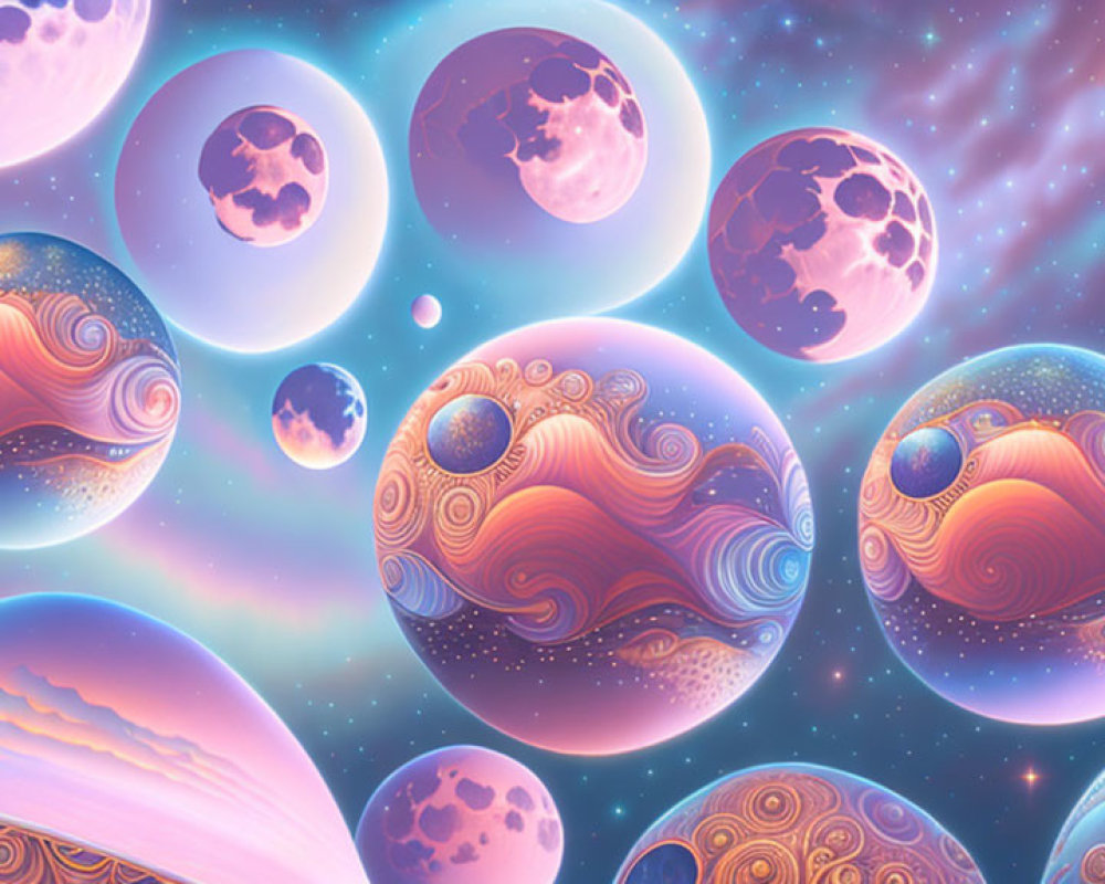 Vibrant digital art: Fantasy cosmos with patterned planets in purple, pink, and orange