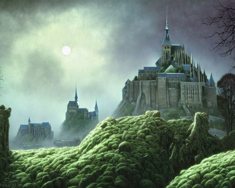 Gothic castle on hillside with bare trees and pale moon