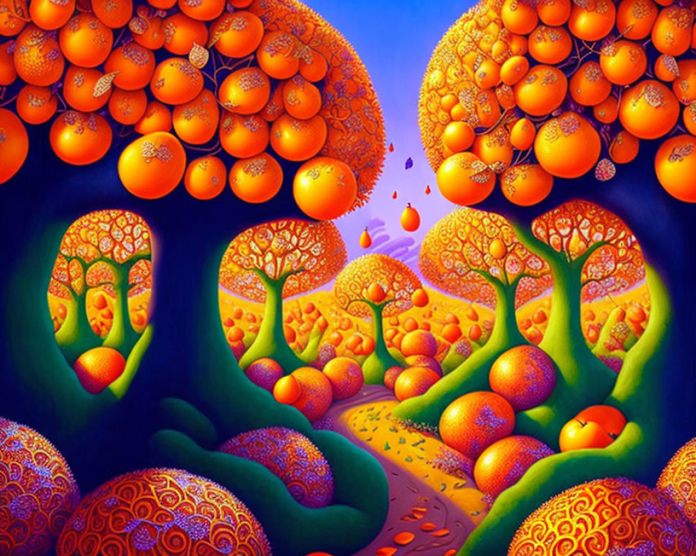 Surreal landscape with orange fruit trees against deep blue sky