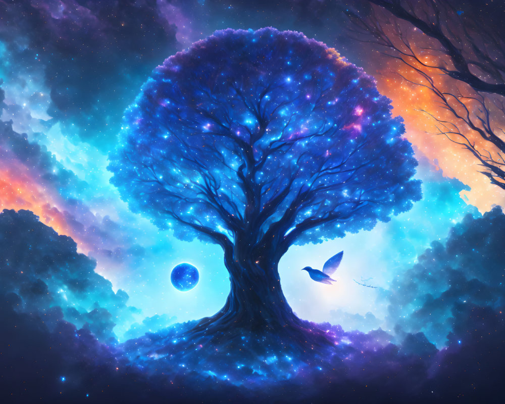 Vibrant illustration of solitary tree glowing blue under cosmic sky