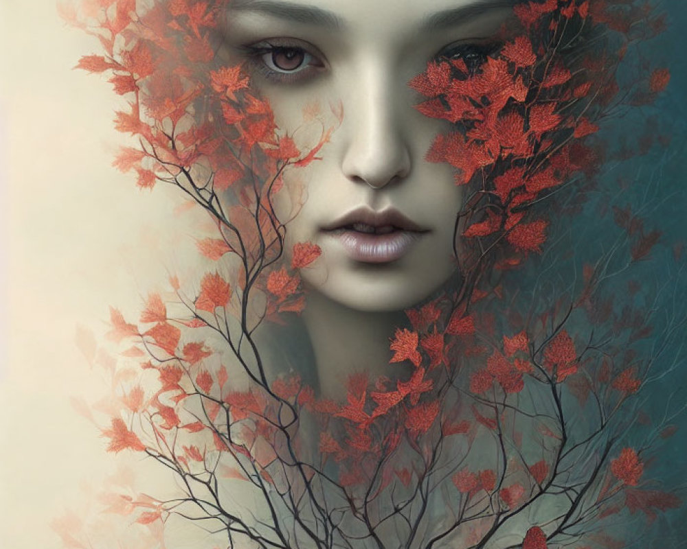 Illustration of Woman with Serene Expression Surrounded by Red Autumn Leaves