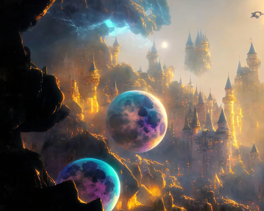 Mystical landscape with floating orbs, illuminated castles, molten lava, and celestial sky.