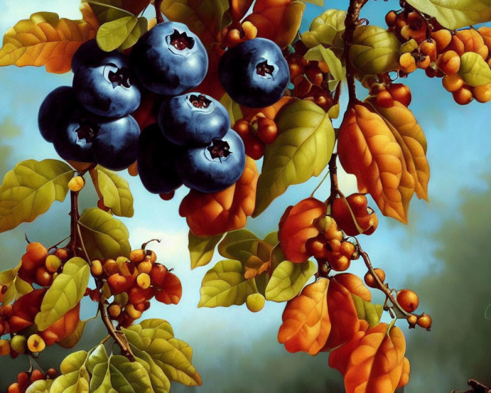 Realistic Blueberries and Orange Berries with Green Leaves on Soft Background