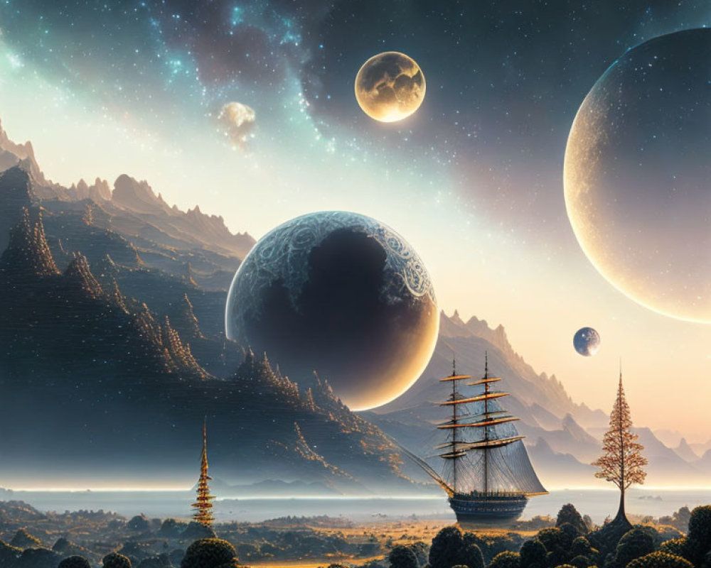 Surreal landscape with multiple moons, starry sky, ship, mountains, forests & exotic architecture