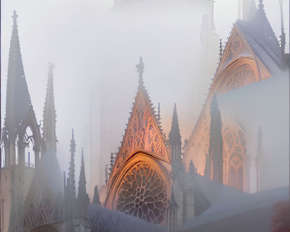 Gothic Cathedral with Stone Tracery and Rose Windows in Misty Setting