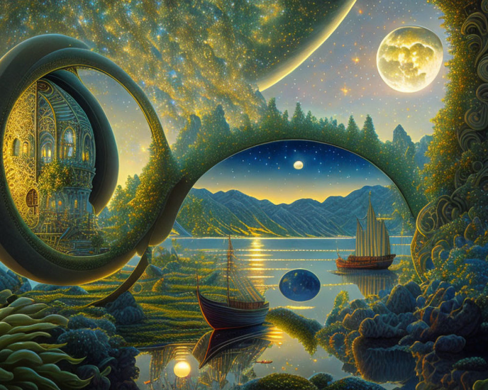 Luminous fantasy landscape with crescent moon, galaxy, round house, serene lake, sailboats