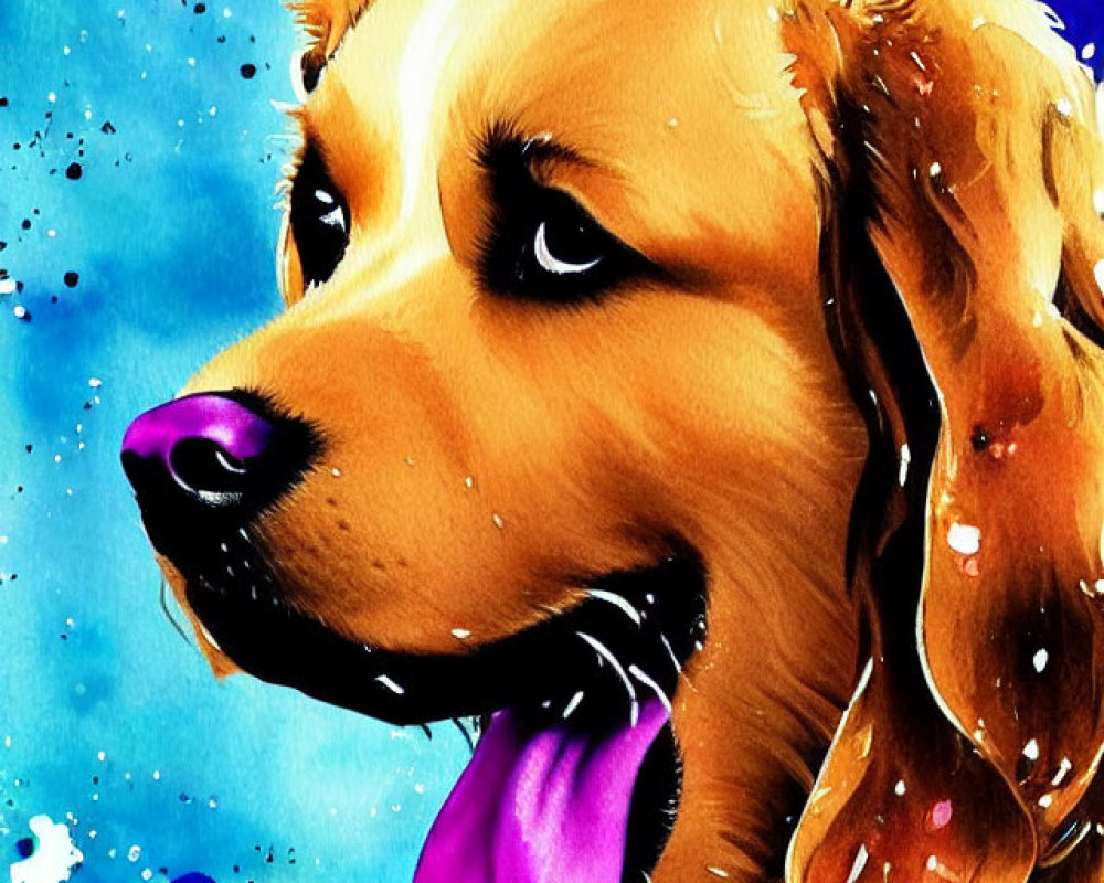 Colorful Watercolor Illustration: Golden Retriever on Blue Splattered Background