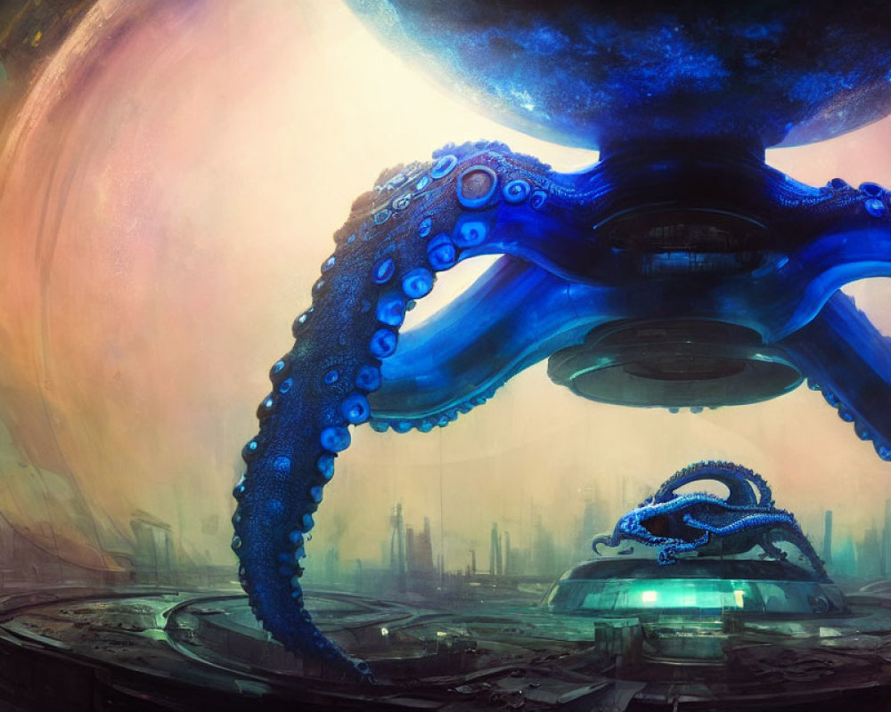 Giant blue octopus on alien structure under vibrant sky