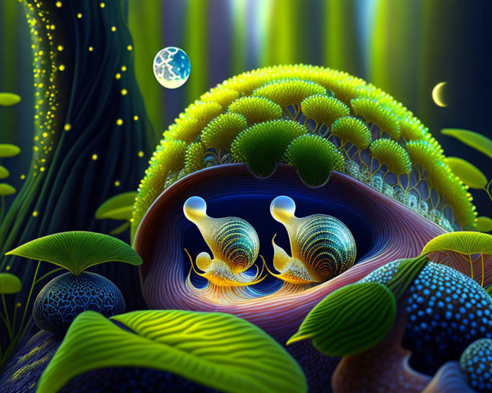 Fantasy ecosystem with alien creatures in glowing landscape