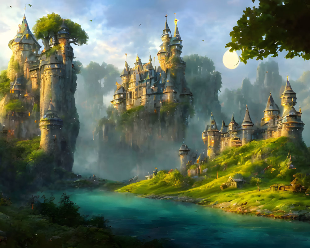 Majestic castles in enchanting fantasy landscape