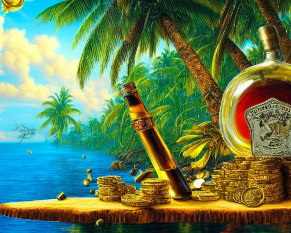 Still life artwork featuring bottle, glass of rum, gold coins, palm trees, ocean view, pirate