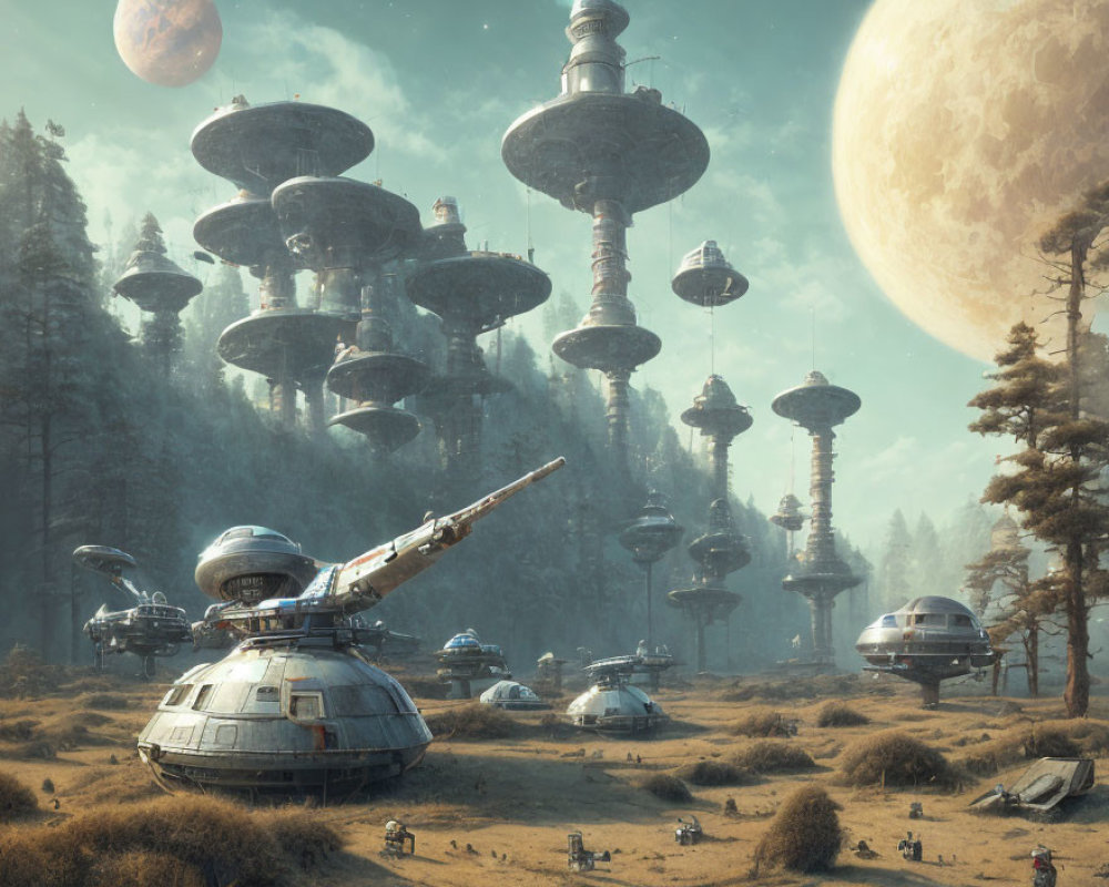 Futuristic sci-fi landscape with towering cities, spacecraft, and celestial bodies in forest clearing