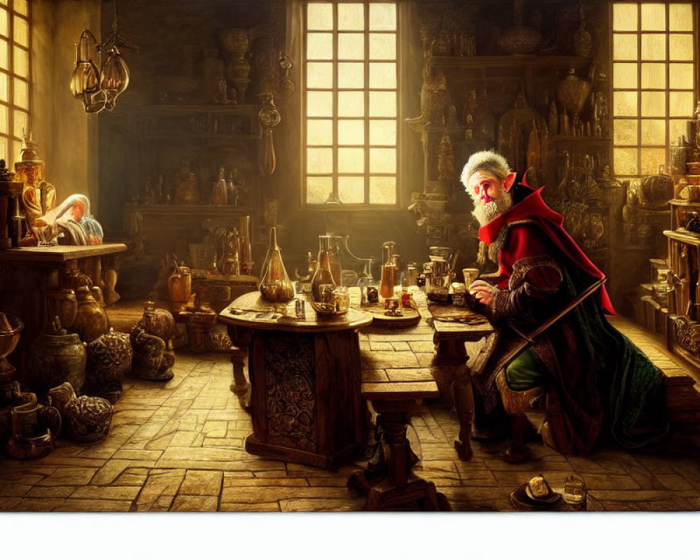 Alchemist in red cloak in candle-lit medieval laboratory