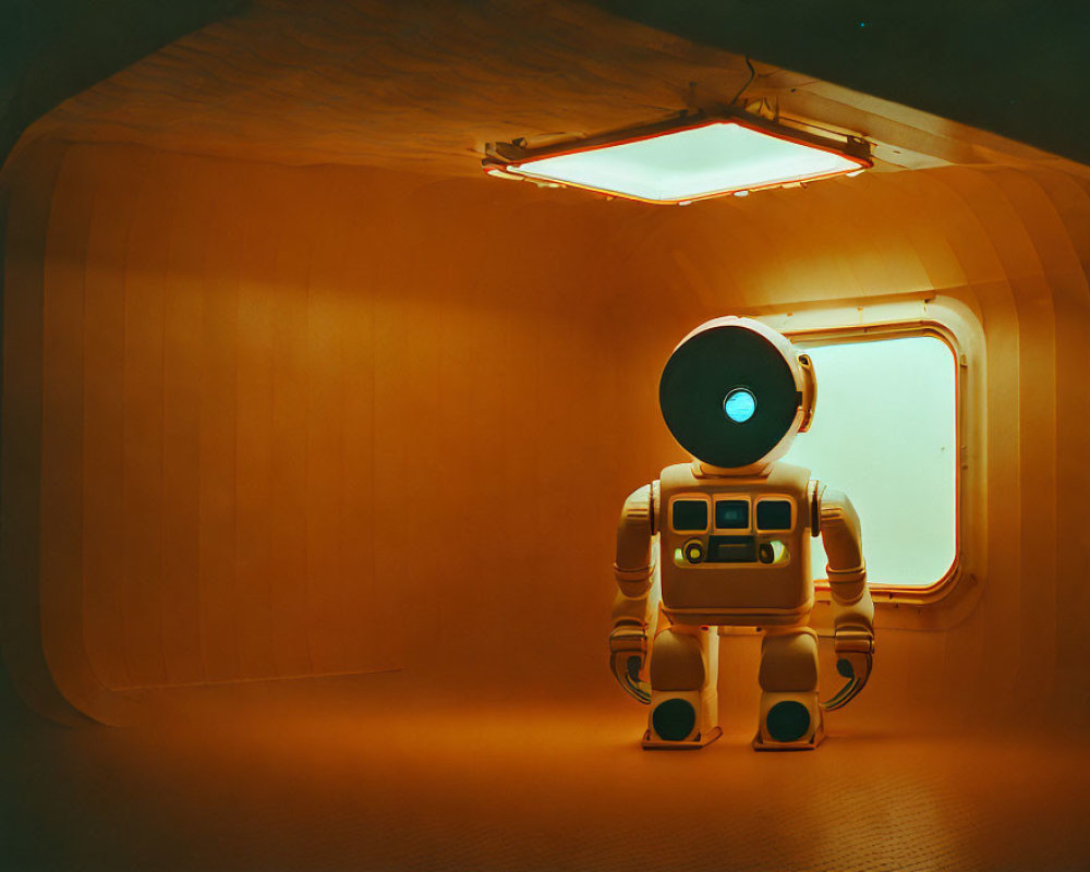 Futuristic robot in circular head and torso buttons in orange interior