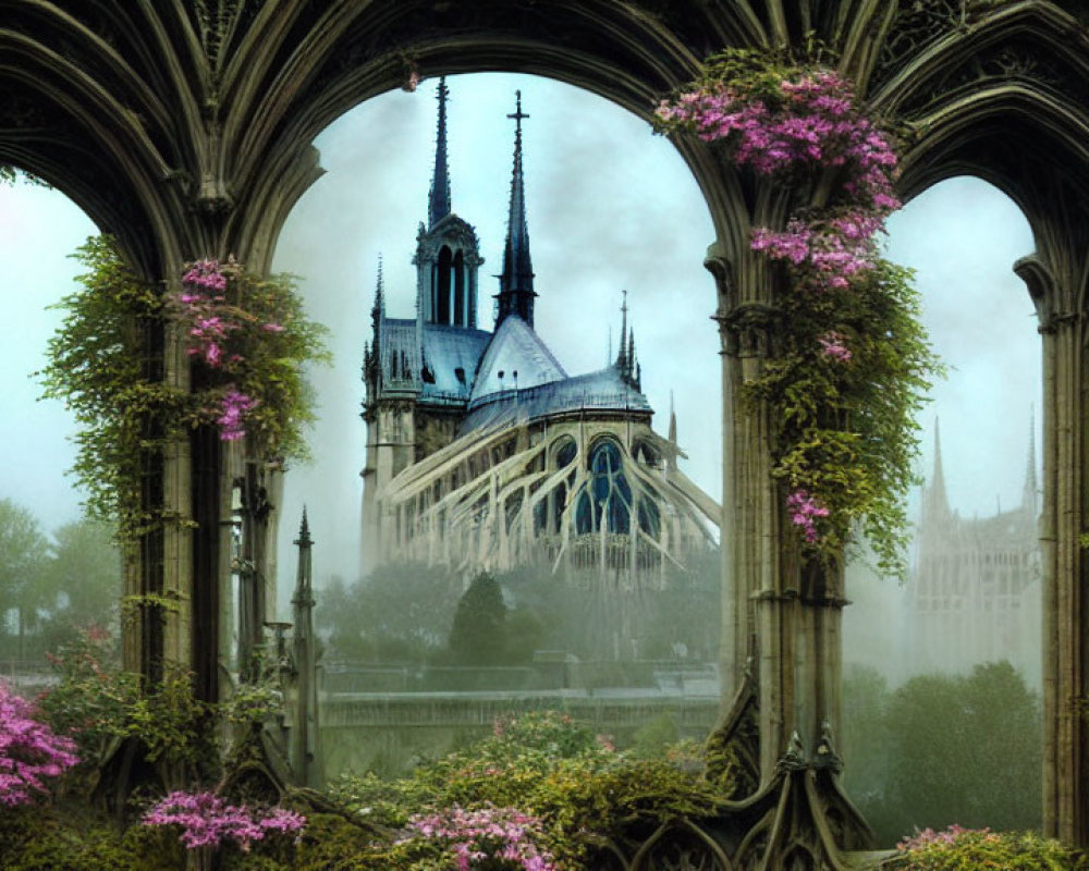 Gothic stone arches overlooking misty cathedral and lush greenery with purple flowers.